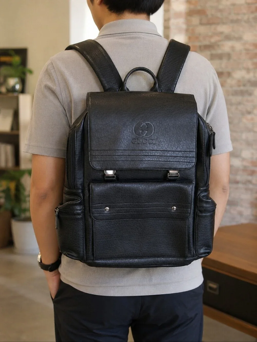 Black Faux Leather Laptop Backpack Travel Business School Unisex